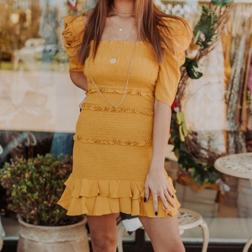 Smocked Ruched Mustard/Yellow/Gold Dress Sz.S & M